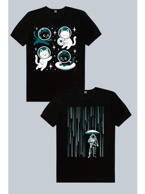 ROCKANDROLL Uzay Yağmuru, Astro Kediler 2'li Kadın Tshirt Eko Paket
