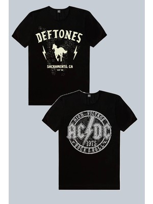 Rock&Roll Deftones, Dairede Acdc Siyah 2'li Erkek Tshirt Eko Paket