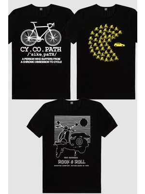 Rock&Roll Çizgili Scooter, Bisiklet Hastası Siyah, Bisikletli Oyun 3'lü Kadın Tshirt Eko Paket