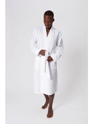 Ellia Soft %100 Pamuklu Yumuşak Pike Kimono Kutulu Erkek Yazlık Bornoz Beyaz