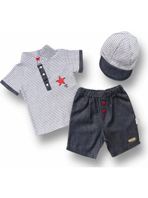 LTG Nova 6-9 9-12 12-18 Ay Vip Yaka Şapkalı Kısa Kollu Sweat 3lü Erkek Bebek Takımı Gri