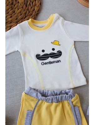 LTG Nova 3-6 6-9 9-12 Ay Gentleman Erkek Nakışlı Şapkalı Uzun Kollu Sweat 3lü Erkek Bebek Takımı Sarı