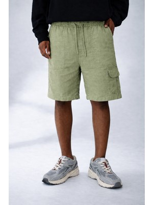 Damga Erkek Günlük Yazlık Kargo Cepli Yeşil Keten Şort