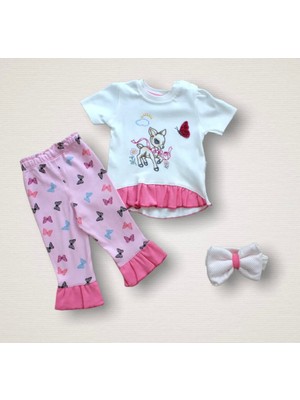 LTG Nova 6-9 9-12 12-18 Ay Ceylanın Rüyası Baskılı Bandanalı Kısa Kollu Sweat 3lü Kız Bebek Takımı Ekru