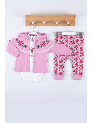 LTG Nova Flover Nakışlı Hırkalı % 100 Pamuk 3'lü Kız Takım