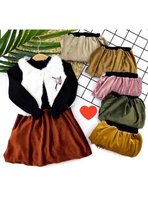 LTG Nova 2-3-4-5 Yaş Kadife Etekli Tüylü Yelek Uzun Kollu Siyah Sweat 3lü Kız Bebek Takımı Kahverengi