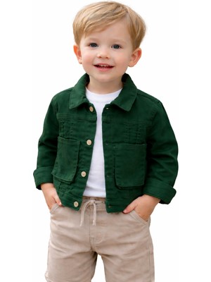 İrem Çocuk Giyim Erkek Çocuk /Kız Çocuk Sırtı Ayıcık Detaylı Düğme Kapamalı Koyu Yeşil Renk Ceket