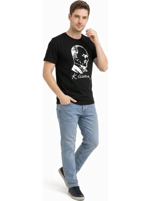 Alfanora Erkek Atatürk Baskılı Tişört Kısa Kollu Bisiklet Yaka T-Shirt - Siyah