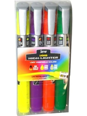 Serve Liquid Highliter Sıvı Mürekkepli Fosforlu Kalem 4 Renk Set