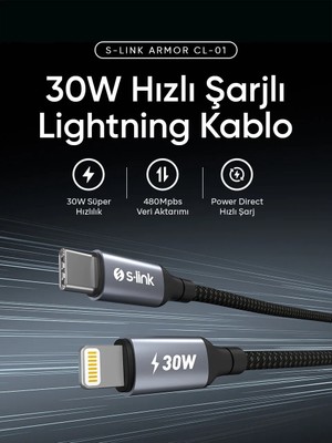S-link Armor CL-01 30W 1.2m Type-C to Lightning PD Örgülü Metal Başlıklı Siyah Hızlı Şarj Kablosu