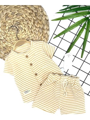 LTG Nova 9-12-18-24 Ay Düğme Detaylı Çizgili Müslin Kumaş Yazlık 2li Erkek Bebek Takımı