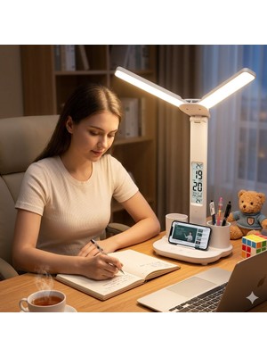 Eser Ticarett LCD Ekranlı Dijital Saatli Sıcaklık Göstergeli Çift Başlıklı LED Masa Lambası ve Kalemlikli Çalışma Işığı
