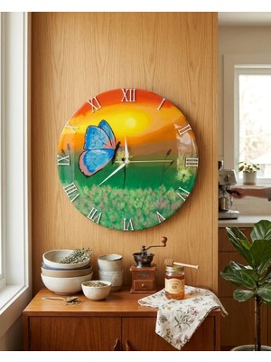 Af Epoxyart Duvar Saati - 35 cm El Çizimi Epoksi Duvar Saati + Hediye Anahtarlık - Şık Epoksi Duvar Saati - Eşsiz Tasarım - Modern Dekoratif Duvar Saati - Kelebek Temalı