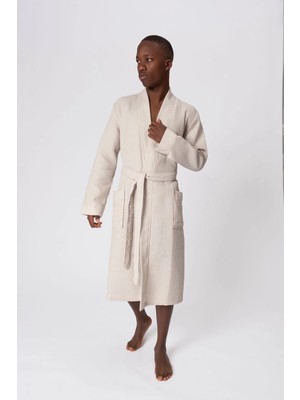 Ellia Soft %100 Pamuklu Yumuşak Pike Kimono Kutulu Erkek Yazlık Bornoz Bej