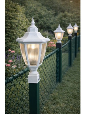 Lambax Panel Çim Çit Kare Tabanlı Altıgen Direk Üstü Bahçe Armatürü Beyaz