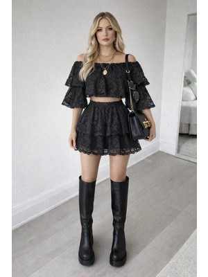 İbeeka Siyah Renk Mini Dantelli Etek Yeni Sezon - Siyah - S