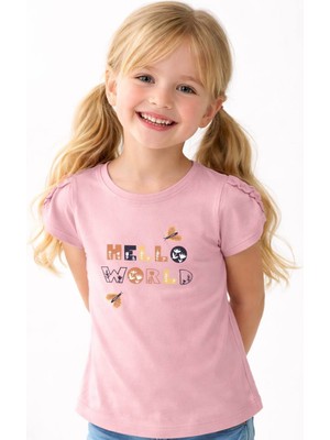 Noone Kız Çocuk "hello World" Baskılı Büzgülü Kol T-Shirt | Bisiklet Yaka | 6 Renk
