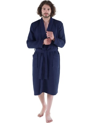 Ellia Soft %100 Pamuklu Yumuşak Pike Kimono Kutulu Erkek Yazlık Bornoz Lacivert