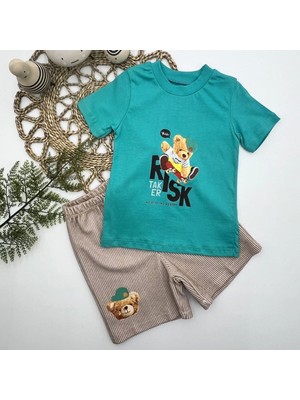 LTG Nova 1-2-3 Yaş Kaykaycı Ayı Baskılı Şortlu Kısa Kollu Tişört 2li Erkek Bebek Takımı Turkuaz
