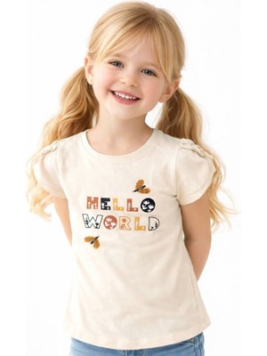 Noone Kız Çocuk "hello World" Baskılı Büzgülü Kol T-Shirt | Bisiklet Yaka | 6 Renk