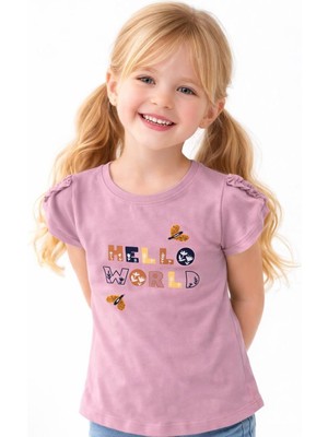 Noone Kız Çocuk "hello World" Baskılı Büzgülü Kol T-Shirt | Bisiklet Yaka | 6 Renk