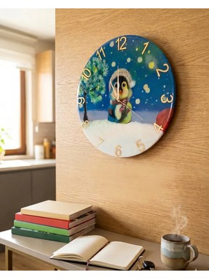 Af Epoxyart Duvar Saati - 35 cm El Çizimi Epoksi Duvar Saati + Hediye Anahtarlık - Şık Epoksi Duvar Saati - Eşsiz Tasarım - Modern Dekorasyon - Kar Temalı Penguen