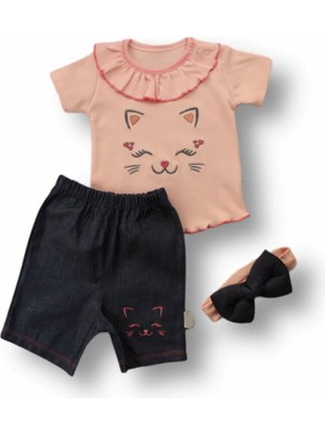 LTG Nova 6-9 9-12 12-18 Ay Vip Baskılı Bandanalı Kısa Kollu Sweat 3lü Kız Bebek Takımı Pudra