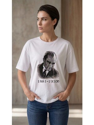 Alfanora Kadın Atatürk Baskılı Tişört Kısa Kollu Bisiklet Yaka T-Shirt - Beyaz