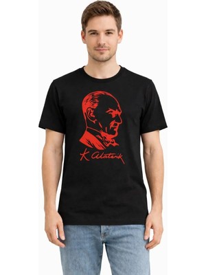 Tarz Yeri Erkek Atatürk Baskılı Tişört Kısa Kollu Bisiklet Yaka T-Shirt - Siyah