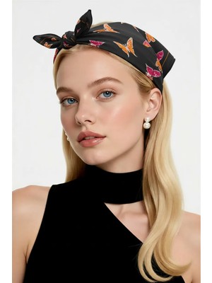 ALS Tasarım Dünyası Siyah Renk Kumaş Içi Kelebek Desenli 100% Koton Bandana