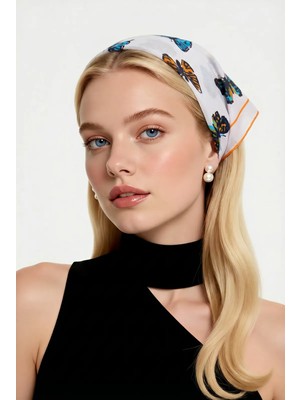 ALS Tasarım Dünyası Beyaz Renk Kumaş Içi Kelebek Desenli 100% Koton Bandana