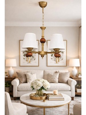 Dede Avize Beş Kollu Linea Avize Ahşap Detaylı Eskitme Statik Boyalı Krem Rengi Şapkalı