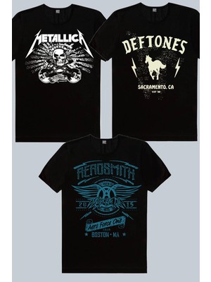 Rock&Roll Aerosmith, Deftones, Metallica Kurukafa 3'lü Kadın Tshirt Eko Paket