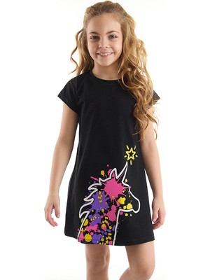 MSHB&G Unicorn Splash Siyah Kız Çocuk T-Shirt Elbise Günlük Rahat Stil ile Eğlenceli