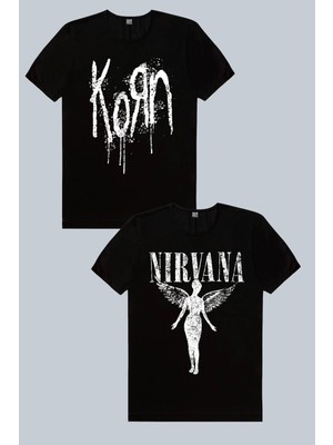 Rock&Roll Korn, Melek Nirvana Siyah 2'li Erkek Tshirt Eko Paket