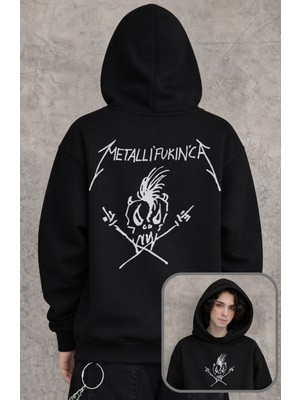 Fuddy Moda Unisex Funny Metallica Sırt Baskılı Kapüşonlu Sweatshirt, Oversize Rock Metal Müzik Baskılı Hoodie