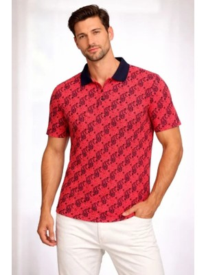 İlk El Grup Ieg™ Erkek Pike Kumaş Polo Yaka Palmiye Desenli Tişört Kısa Kol Yazlık T-Shirt - Kırmızı