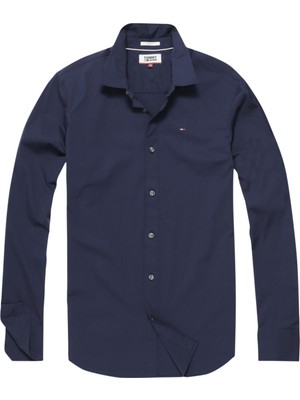 Tommy Hilfiger Tjm Slim Fit Uzun Kol Lacivert Gömlek Streç Pamuklu Poplin Spor Desenli