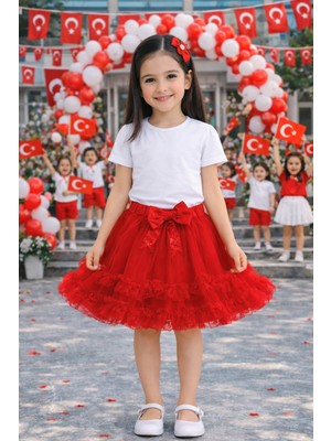 Herşey Nota Kız Çocuk Kırmızı Fiyonklu Tütü Etek – Okul Etkinlik ve Bayram Gösteri Eteği 5-13 Yaş