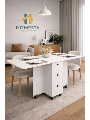 Homesta Dekor Homesta Katlanır Masa Yemek ve Çalışma Masası Tekerlekli 3 Çekmeceli %100 Mdf Kurulu Gönderim