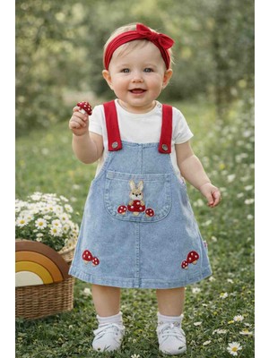 Uçurtma Baby Kids Babybuu Mantar Desenli Kırmızı Askılı Kot Kız Bebek Bahçıvan Elbise Takımı