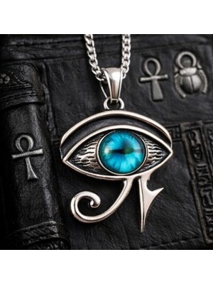 Voyage Accessory Paslanmaz Çelik Mavi Cam Göz Detaylı Antik Mısır Horus Gözü Kolye