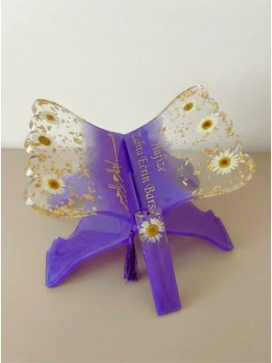 LMS Gift Kişiye Özel Isimli Epoksi Rahle ve Kitap Ayracı Seti - Gerçek Papatyalı Altın Varaklı Mor Tasarım