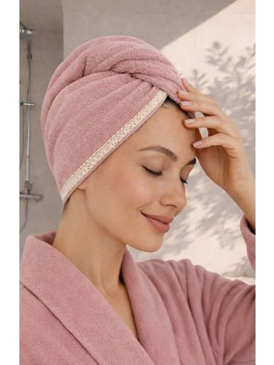 Ellia Soft Hair Dantelli Kalın Bambu Pamuk Kutulu Saç Kurutma Bonesi Saç Havlusu Saç Kurulama Havlusu Pembe