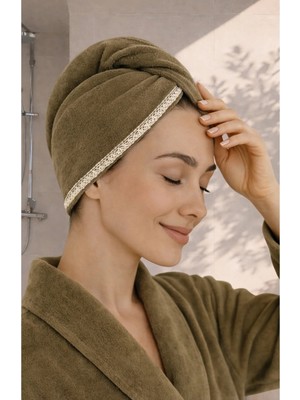Ellia Soft Hair Dantelli Kalın Bambu Pamuk Kutulu Saç Kurutma Bonesi Saç Havlusu Saç Kurulama Havlusu Kahverengi