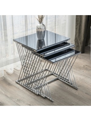 Mobi Evim Mobievim 3'lü Zigon Sehpa Gümüş Metal Ayaklı Füme Aynalı Modern Tasarım 60x45x55 cm