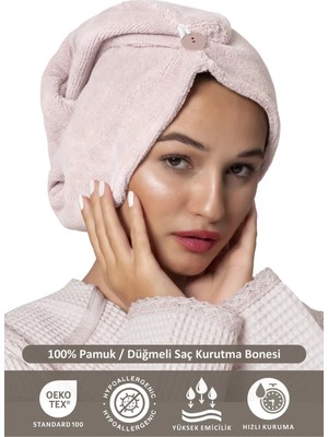 Ellia Soft Marcella %100 Pamuk Saç Kurutma Bonesi Lastikli ve Düğmeli Havlu Bone Pembe