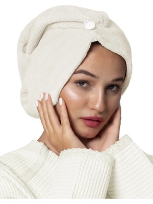 Ellia Soft Marcella %100 Pamuk Saç Kurutma Bonesi Lastikli ve Düğmeli Havlu Bone Krem