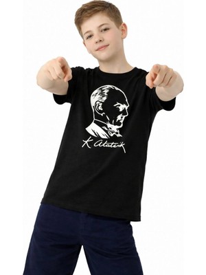 Marsilyan Erkek Çocuk Atatürk Baskılı Tişört Kısa Kollu Bisiklet Yaka T-Shirt - Siyah
