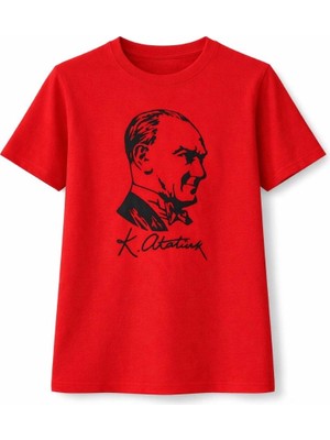 Marsilyan Kız Çocuk Atatürk Baskılı Tişört Kısa Kollu Bisiklet Yaka T-Shirt - Kırmızı